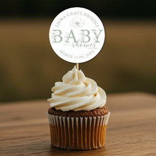 Sticker Rond Baby Shower Fleur Sauvage Vert Sauge
