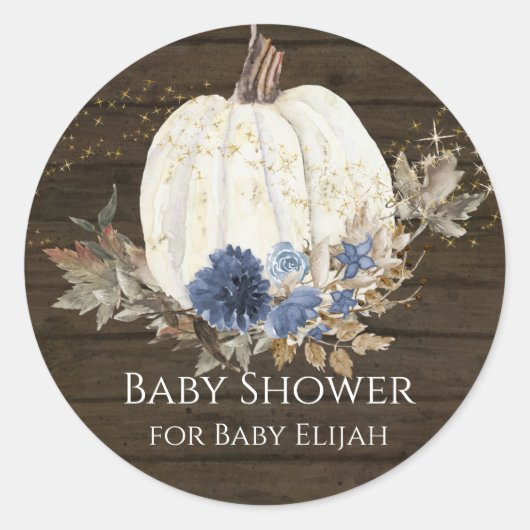 Sticker Rond Baby Shower Fleurie Bleu Marine Citrouille en Bois (Devant)