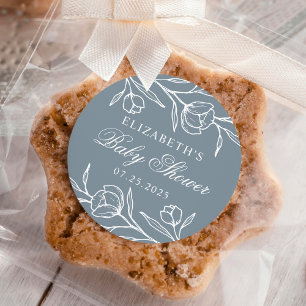 Sticker Rond Baby-Shower Fleurs Esquissées Bleu Poussière