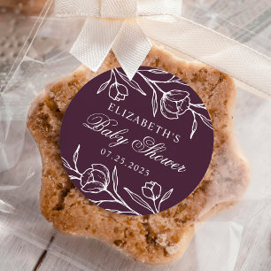 Sticker Rond Baby-Shower Fleurs Esquissées Violet