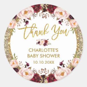 Sticker Rond Baby Shower Fleurs Rose Poudré et Bourgogne Paille