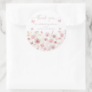 Sticker Rond Baby Shower Fleurs Sauvages Papillon Rose