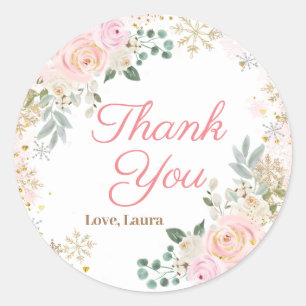 Sticker Rond Baby Shower Flocon de Neige Floral Rose Hiver