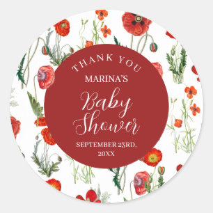 Sticker Rond Baby shower Floral aux Poppies d'Aquarelle Rouge