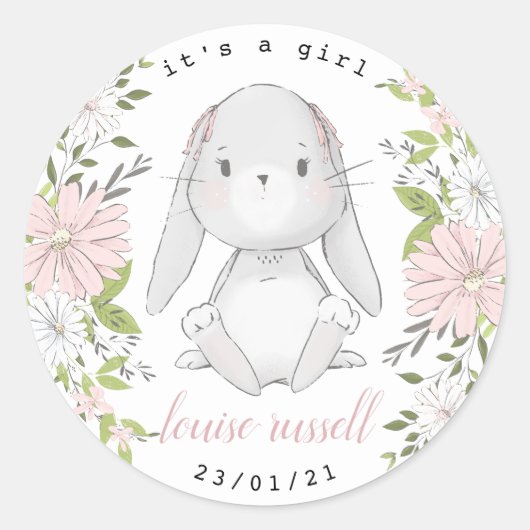 Sticker Rond baby shower floral bébé lapin (Devant)