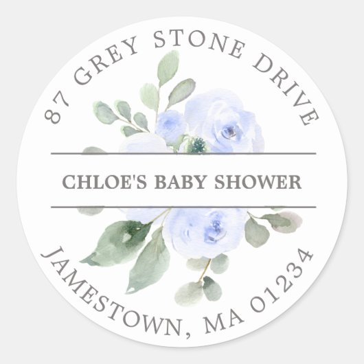 Sticker Rond Baby shower Floral Bleu Adresse de retour (Devant)