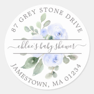 Sticker Rond Baby shower Floral Bleu Adresse de retour
