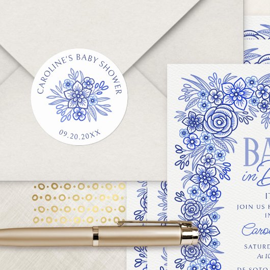 Sticker Rond Baby Shower Floral Bleu Français