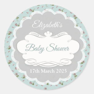 Sticker Rond Baby shower floral bleu oeuf de canard