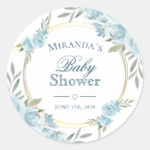 Sticker Rond Baby shower floral bleu simple (Devant)