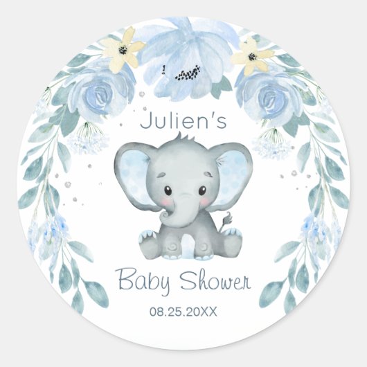 Sticker Rond Baby shower Floral Blue Elephant (Devant)