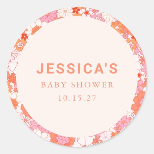 Sticker Rond Baby shower Floral Boho rose orange rétro (Devant)