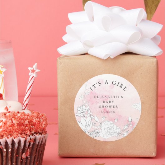 Sticker Rond baby shower floral clair moderne C'est une fille (Fête)