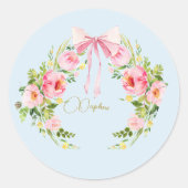 Sticker Rond Baby shower Floral Crest Regency Bow rose Bleu (Devant)