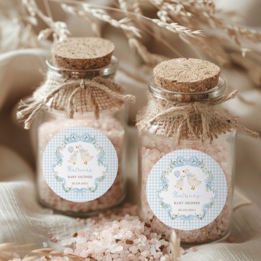 Sticker Rond Baby shower floral de Bow bleu oie soyeux