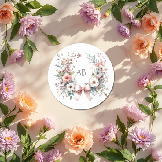 Sticker Rond Baby shower floral de Bow romantique Monogramme