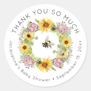 Sticker Rond Baby shower floral de Bumble Bee Sunflower Hydrang