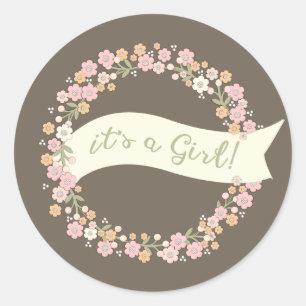 Sticker Rond Baby shower floral de fille de guirlande de jardin