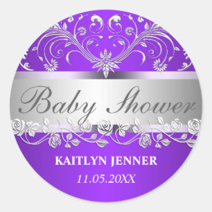 Sticker Rond Baby shower floral de Flourish argenté pourpre