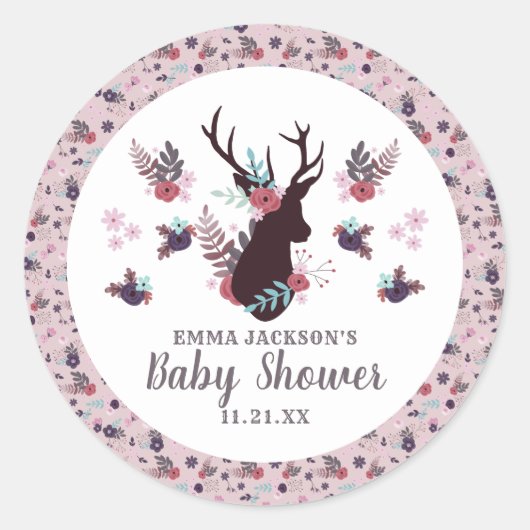 Sticker Rond Baby shower floral de la tête de cerf rustique Mau (Devant)