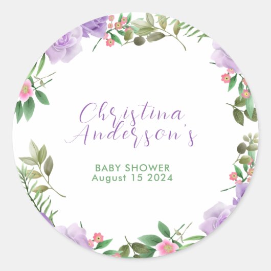Sticker Rond Baby shower floral de printemps pourpre (Devant)