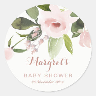 STICKER ROND BABY SHOWER FLORAL DE ROSE BLANCHE LAVÉ SOUS COULE