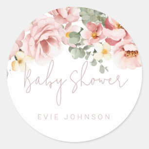 Sticker Rond Baby shower floral Dusty Rose