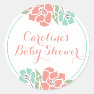 Sticker Rond Baby shower floral en Coral et Turquoise