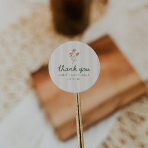 Sticker Rond Baby-Shower Floral Minimaliste Rayé Beige