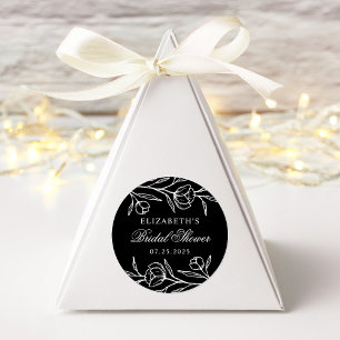 Sticker Rond Baby Shower Floral Noir et Blanc Esquissé