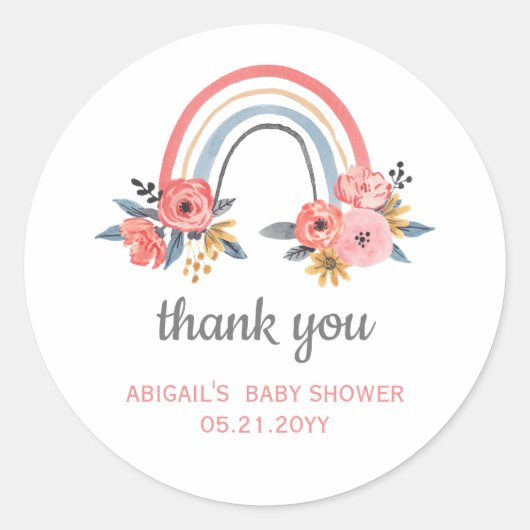 Sticker Rond Baby shower Floral Rainbow Merci Favoriser (Devant)