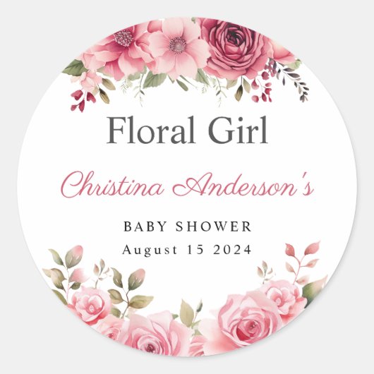 Sticker Rond Baby shower floral Rose coloré (Devant)