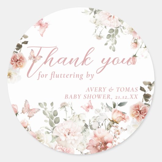 Sticker Rond Baby shower floral rose papillon flottant par (Devant)