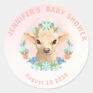 Sticker Rond Baby shower floral rose Vache mignon