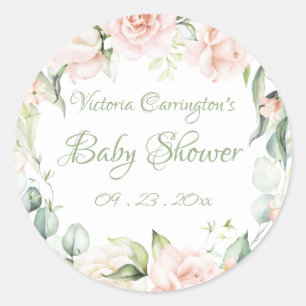 Sticker Rond Baby Shower Floral Vert Sauge Élégant