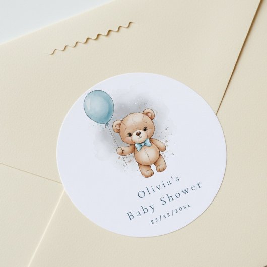Sticker Rond Baby Shower for Boy Blue Balloon Teddy Bear