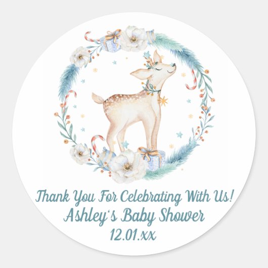 Sticker Rond Baby shower forestier hivernal mignon (Devant)