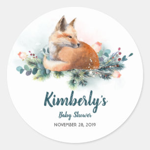 Sticker Rond Baby shower forestier renard et hiver