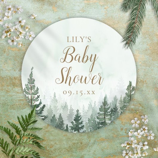 Sticker Rond Baby shower forestier rustique de pins