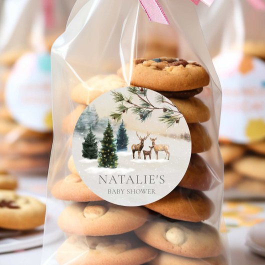 Sticker Rond Baby shower forestier rustique d'hiver