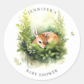 Sticker Rond Baby Shower Forêt Endormie Cerf Aquarelle (Devant)