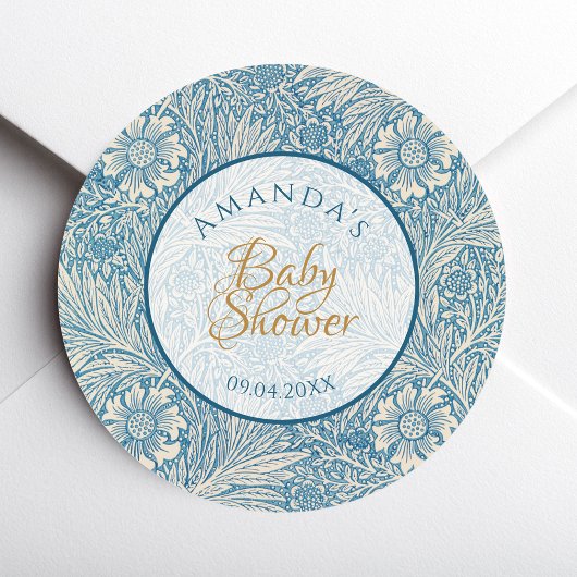Sticker Rond Baby shower Garçon Bleu Script Floral Marigold Mor