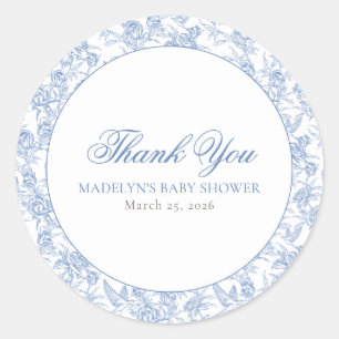 Sticker Rond Baby Shower Garçon Bleu Vintage Toile De Jouy Scri