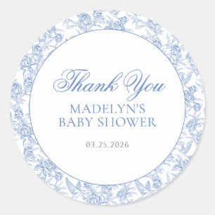 Sticker Rond Baby Shower Garçon Bleu Vintage Toile De Jouy Scri