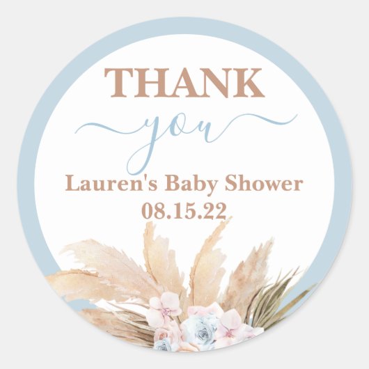 Sticker rond Baby shower Garçon Blue Pampas (Devant)