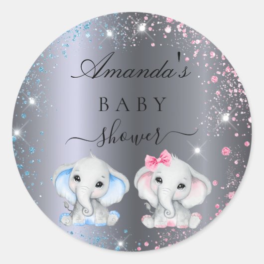 Sticker Rond Baby shower garçon fille bébé éléphants argent (Devant)
