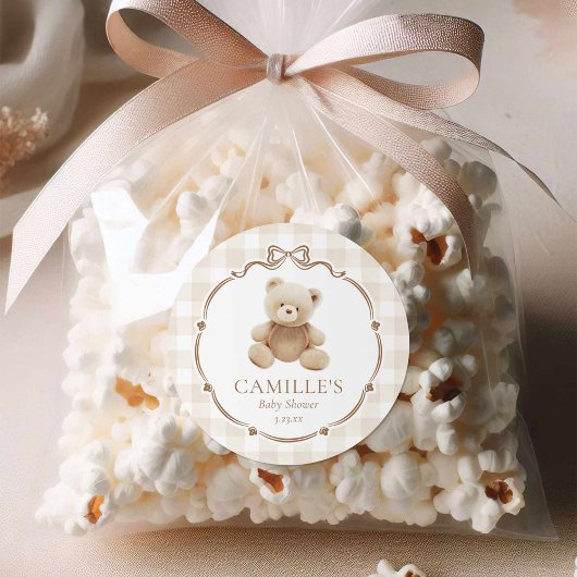 Sticker Rond Baby shower garçon Teddy Bear Plaid