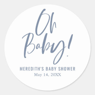 Sticker Rond Baby Shower Genre Neutre Calligraphie Simple Bleu
