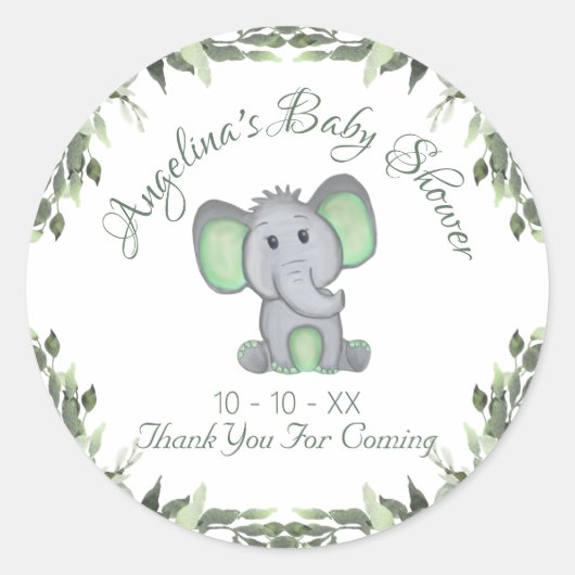 Sticker Rond Baby shower Genre Neutre Verdure Éléphant (Devant)