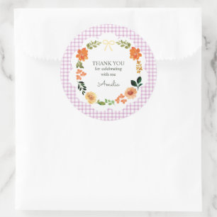 Sticker Rond Baby Shower Gingham Floral Violet 006